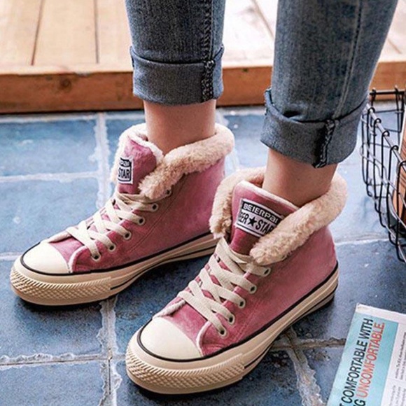 Boutique Shoes Pink Canvas Fur Lined Lace Up High Top Sneakers Poshmark